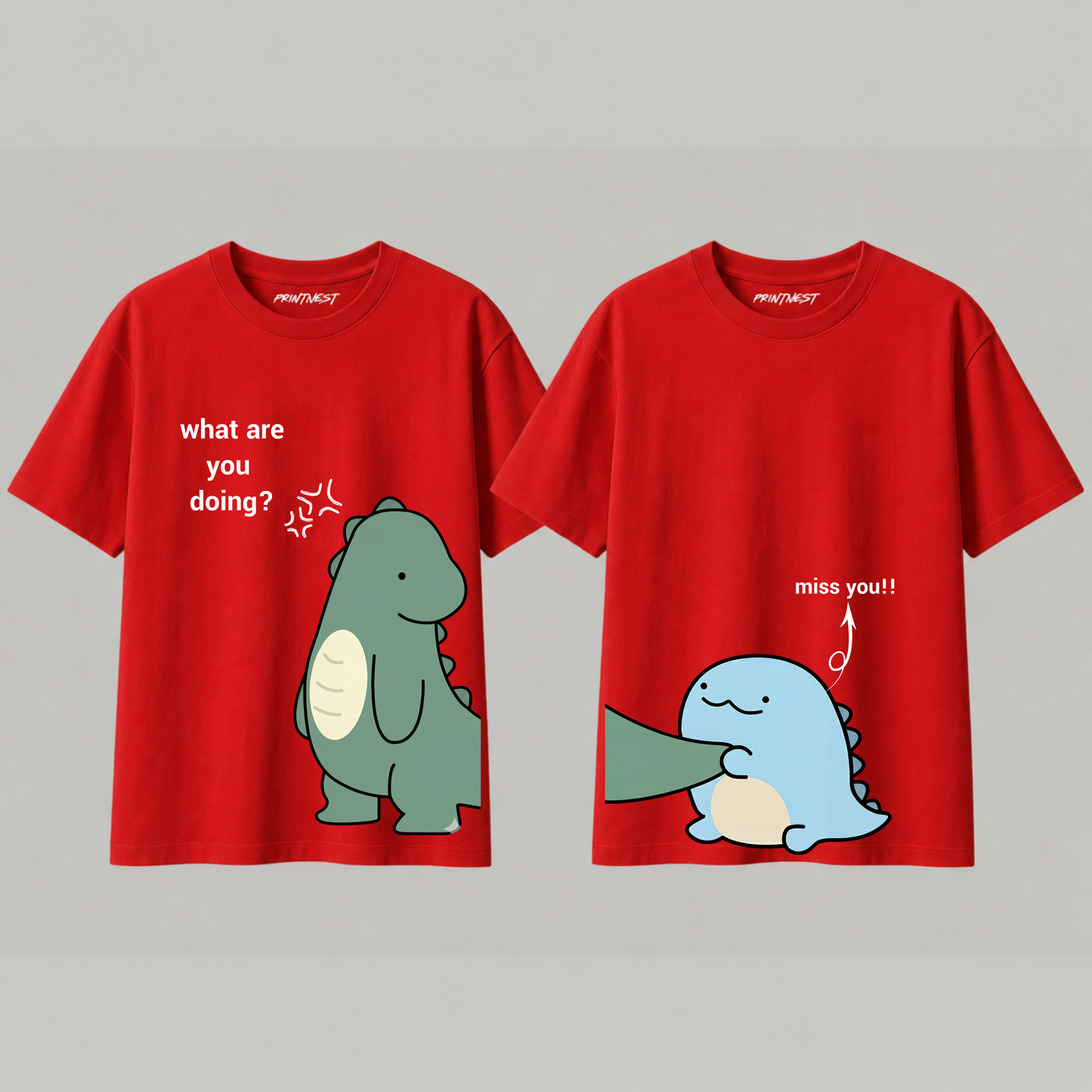 Cute Dinosaur Matching Couple T-Shirts | Premium 240 GSM Cotton