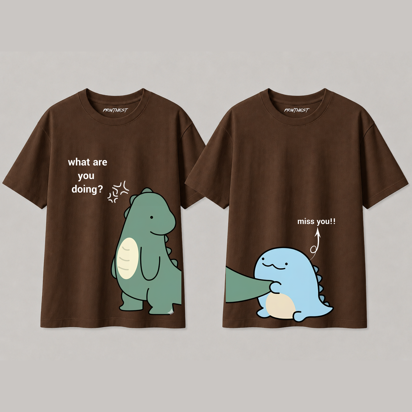 Cute Dinosaur Matching Couple T-Shirts | Premium 240 GSM Cotton