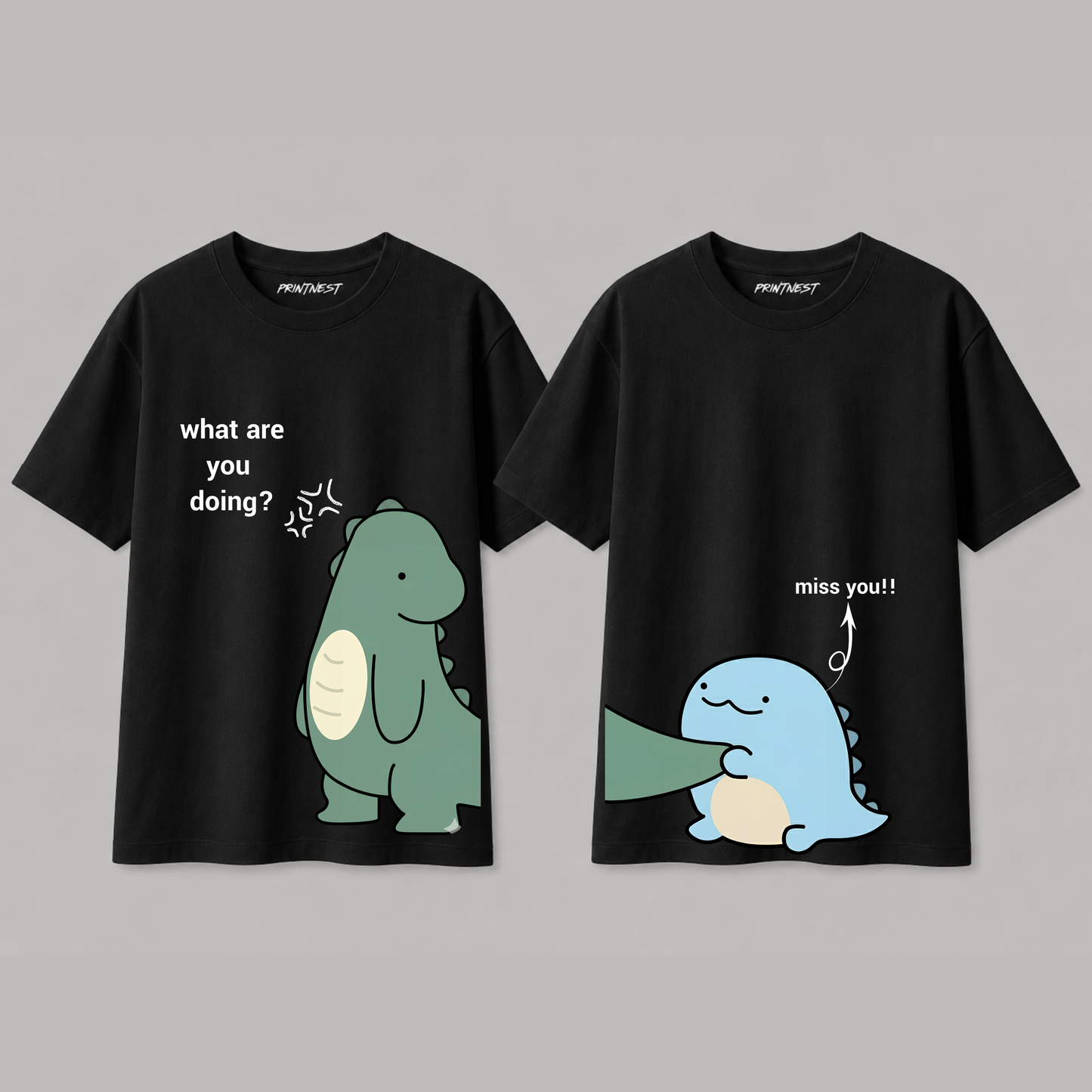 Cute Dinosaur Matching Couple T-Shirts | Premium 240 GSM Cotton