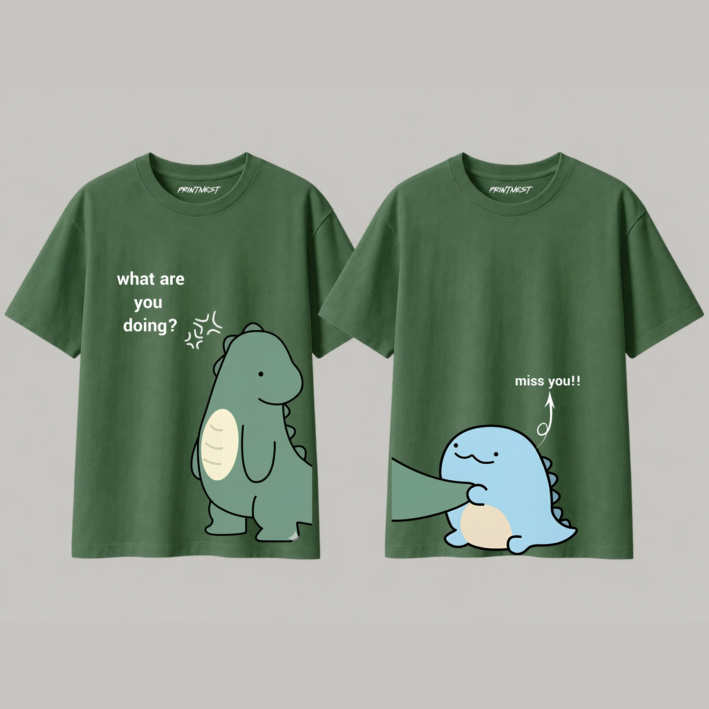 Cute Dinosaur Matching Couple T-Shirts | Premium 240 GSM Cotton