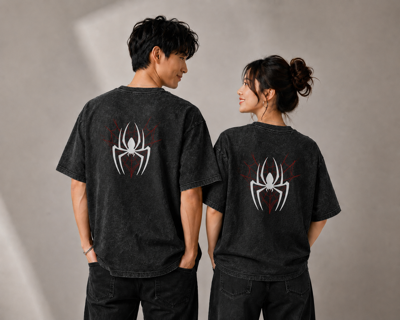Spider Web Couple Oversized T-Shirt – 240 GSM Acid Wash Edition