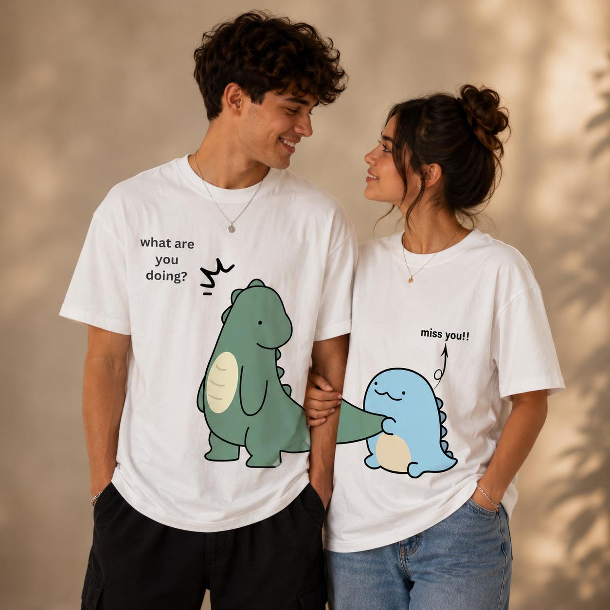 Cute Dinosaur Matching Couple T-Shirts | Premium 240 GSM Cotton